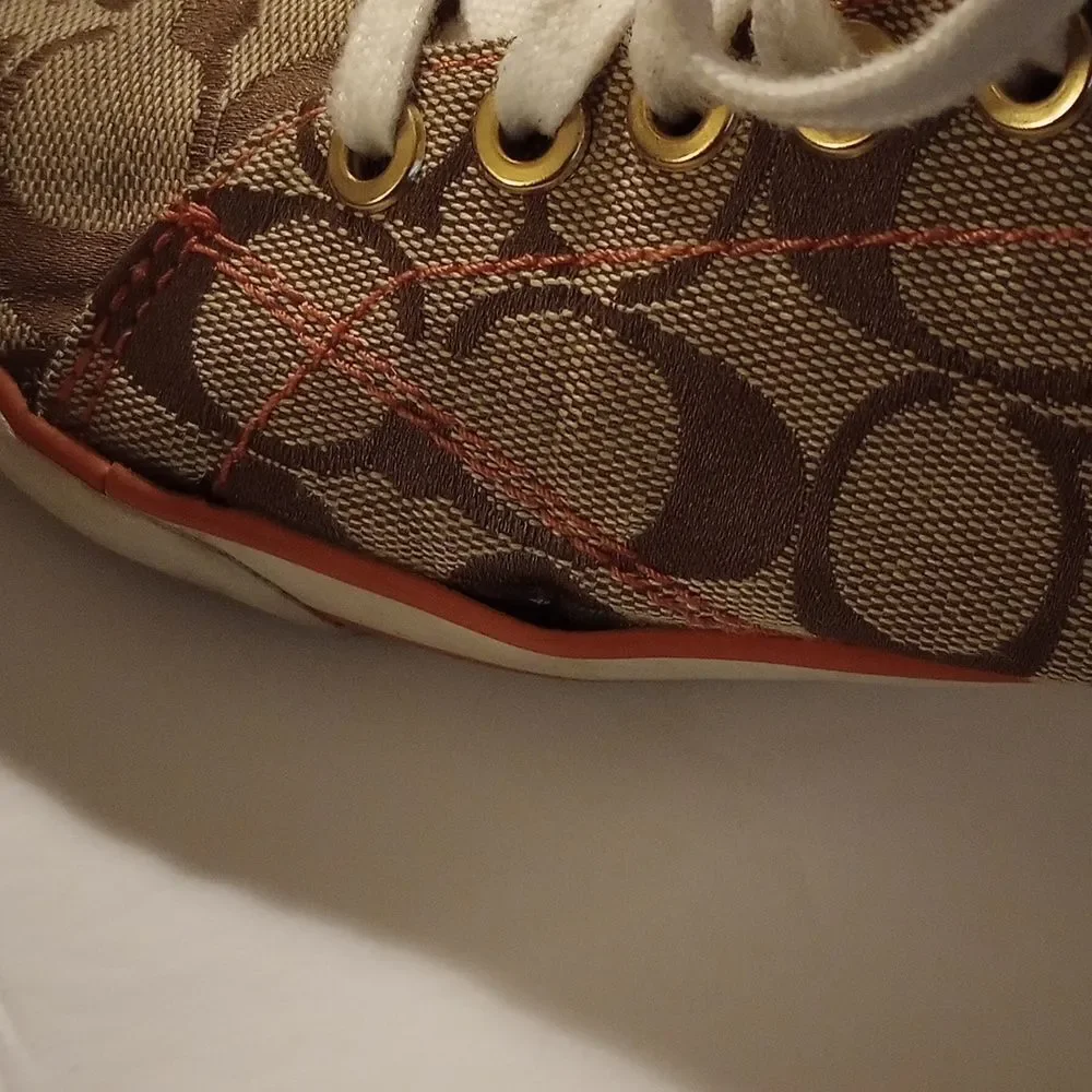🆕👟Coach Suzzy Logo Jacquard Tan and Orange Sneakers